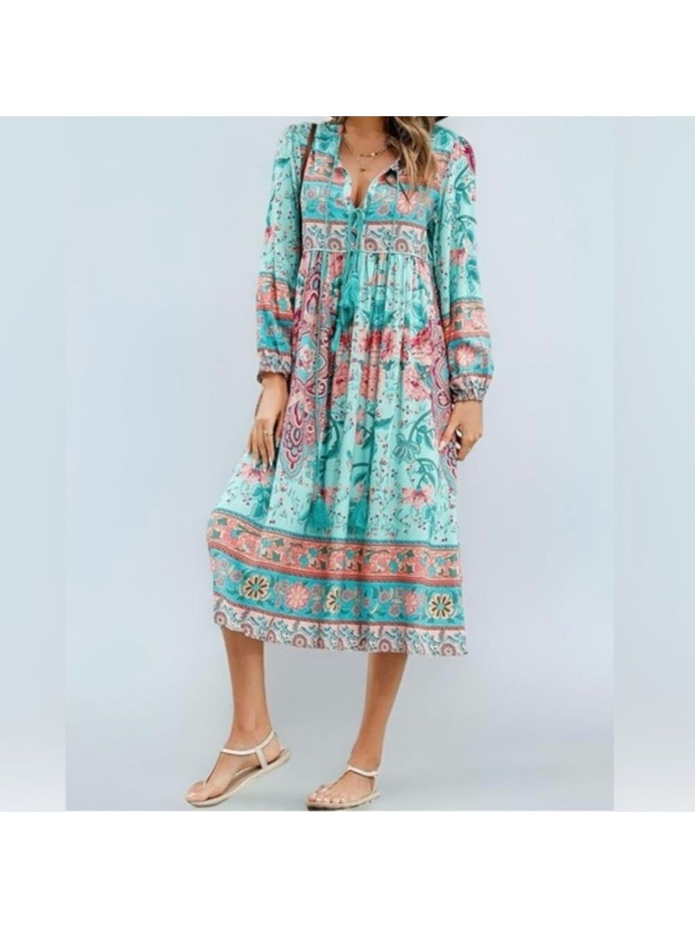 R. VIVIMOS WOMEN'S LONG SLEEVE FLORAL BOHO TASSEL MIDI DRESS SIZE LARGE 12/14
